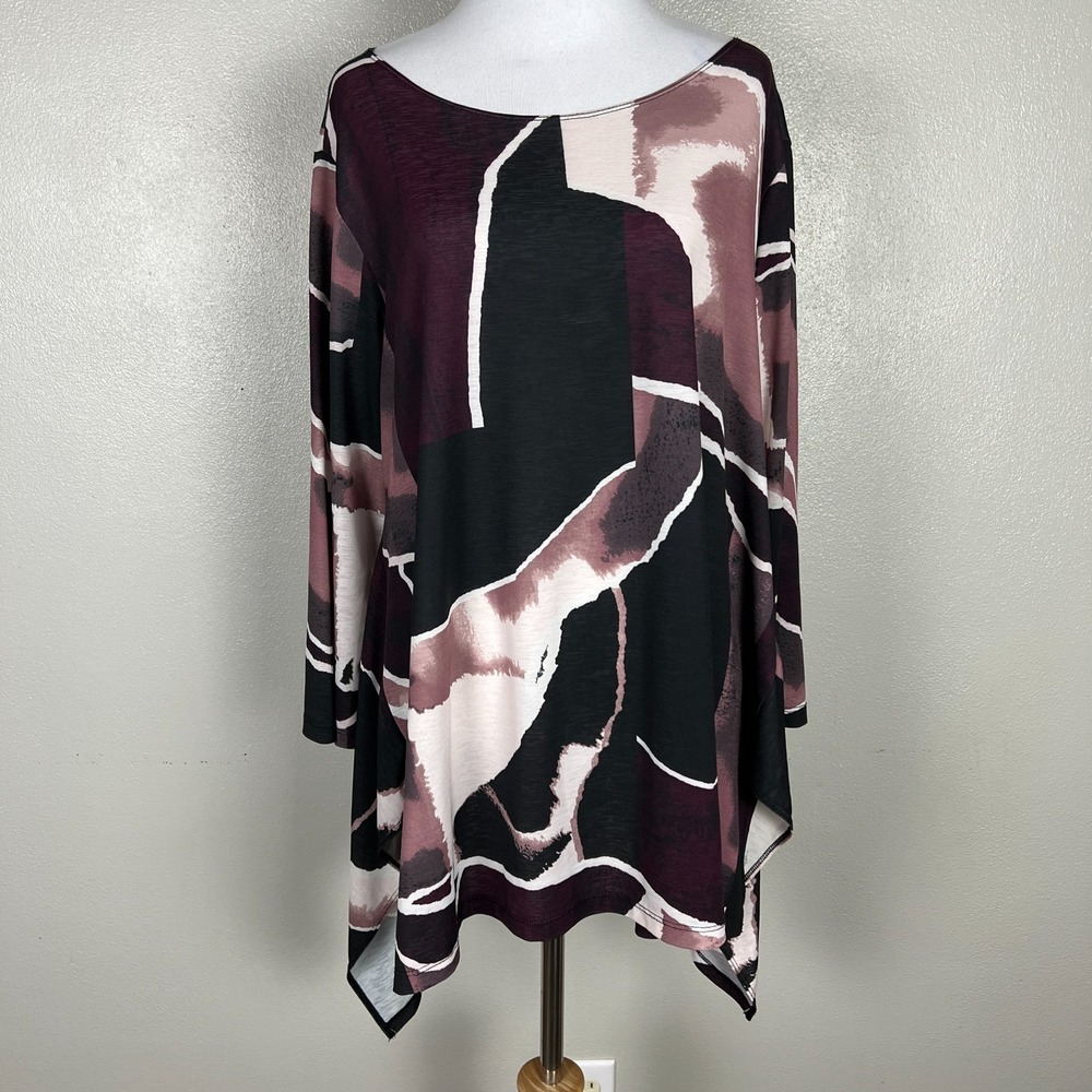 Comfy USA A-Line Tunic Top Women XL Black Printed 3/4 Sleeve Oversized Lagenlook
